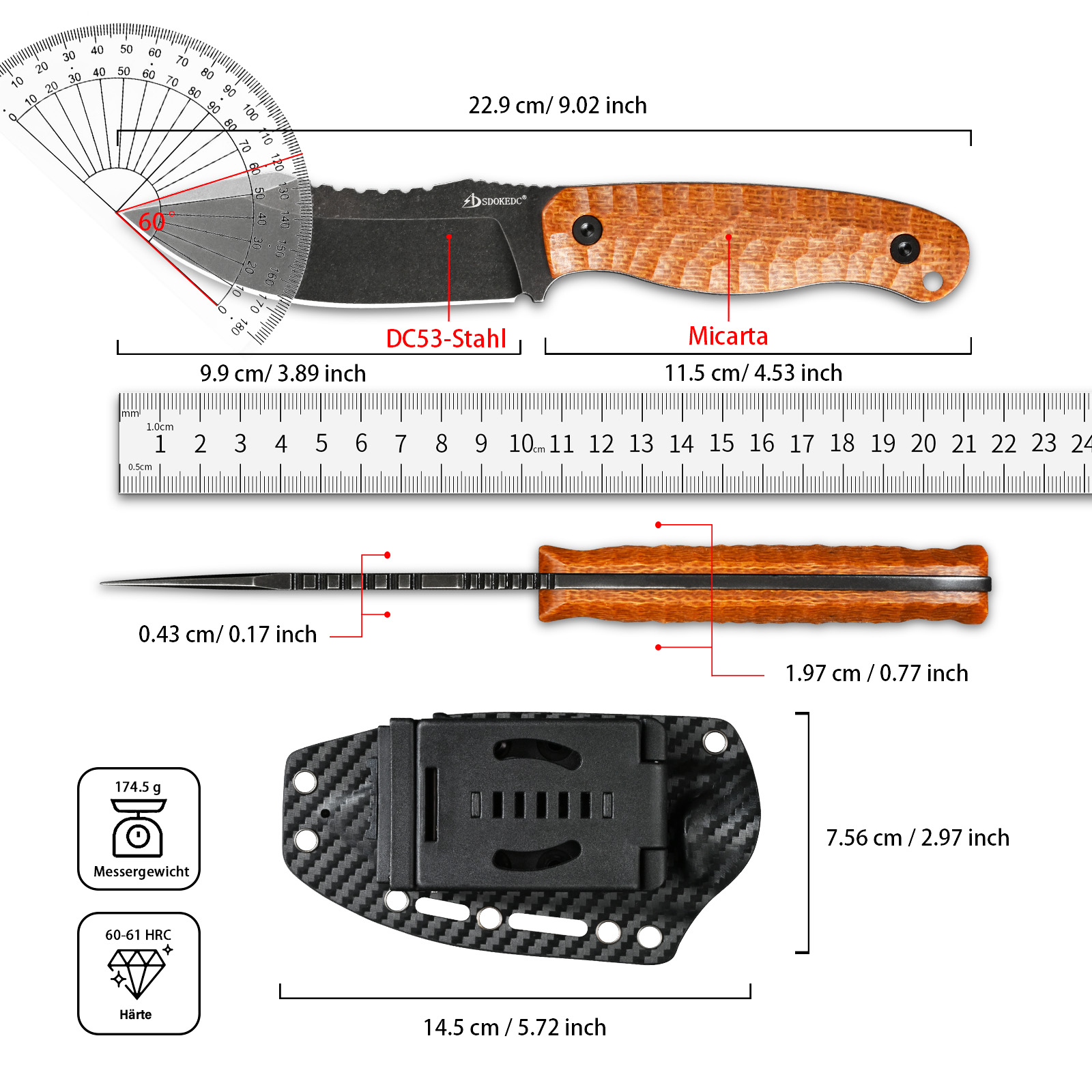 SDOKEDC DC53 강철 유틸리티 나이프, 마이카르 - Bushcraft Knife Fixed 리뷰 및 가격